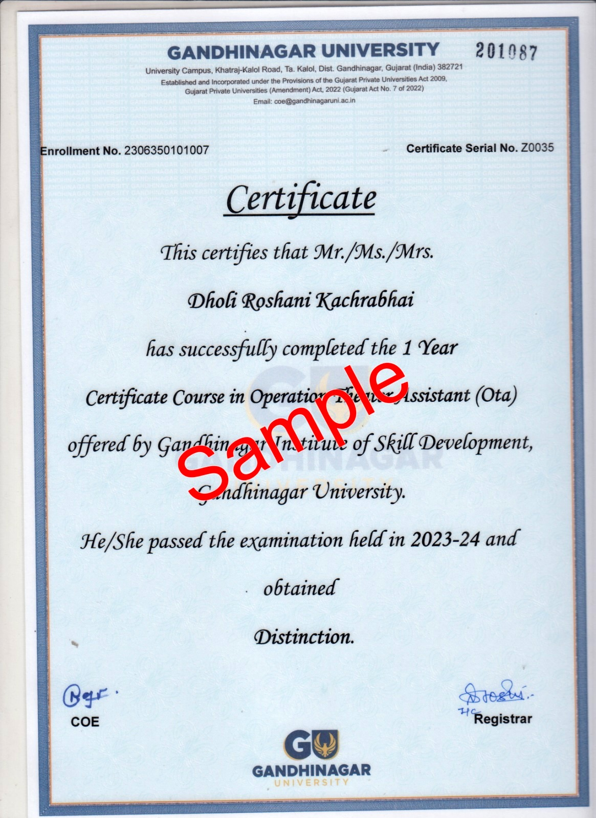 Gandhinagar University Certificate