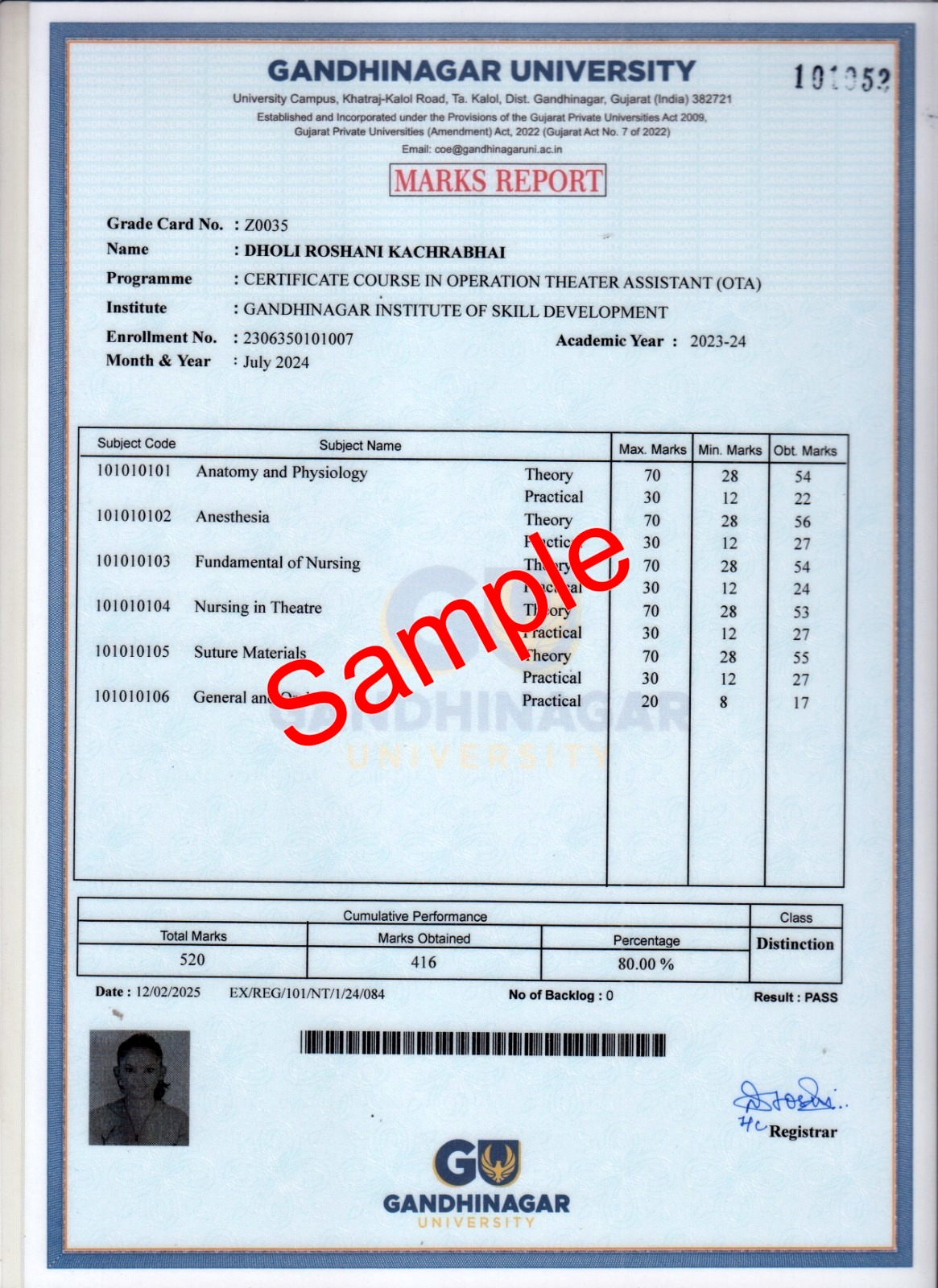 Gandhinagar University Marks Report